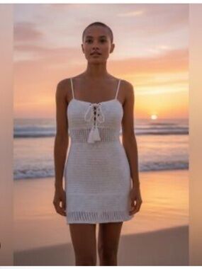 Women’s White Crochet Swim Coverup Dress with Lace-Up Front